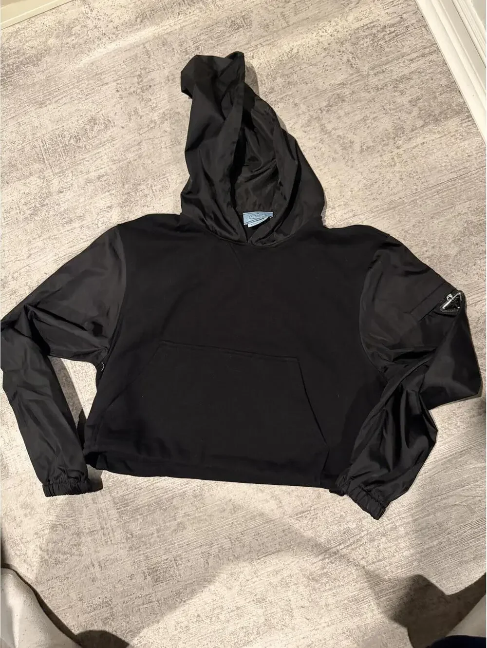 Prada Black Cropped Cotton & ReNylon Hoodie with Nylon Sleeves, logo triangle L - Picture 7 of 8